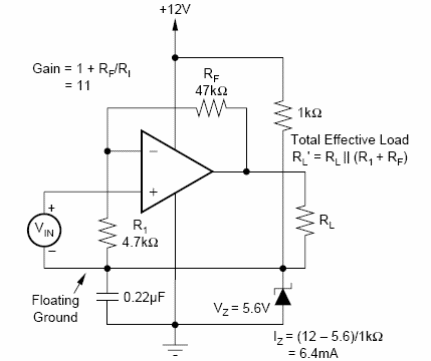 Figura 3 - Configuración equivalente a la del circuito de la figura 2, pero no inversora. Los componentes de retroalimentación son responsables de una corriente adicional en el diodo zener.

