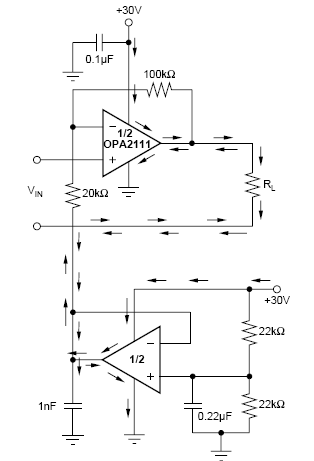 Figura 6 -: Amplificador operacional de búfer utilizado para proporcionar un trío flotante de baja impedancia.
