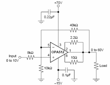 Figura 7 - Configuración con fuente de dos tensiones no balanceadas para amplificadores operativos alimentados por alta tensión.
