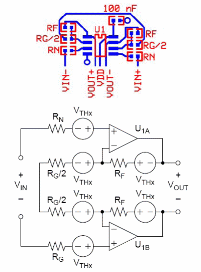 Figura 7 - Diseño para el amplificador de instrumentación con Rg separado en dos.
