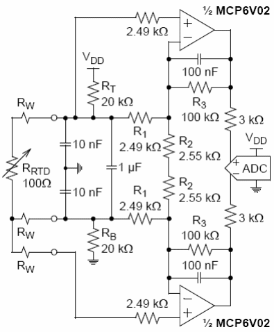 Figura 7 - Circuito para sensor RTD usando dos amplificadores operativos excitando directamente un ADC.
