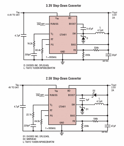 Figura 5 - Circuitos con salidas de 3,3 V y 2,5 V empleando el LT3481.
