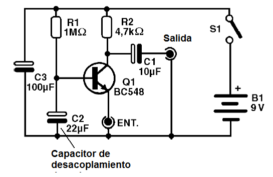Figura 36 – En este amplificador de base común, el capacitor desacopla la base

