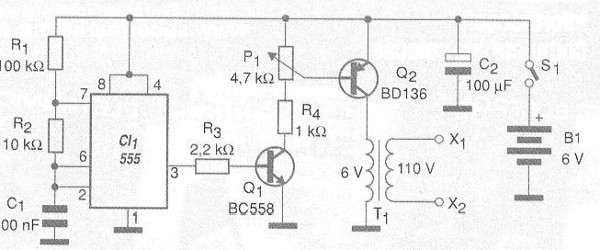    Figura 2 – Diagrama completo del estimulador. C1 puede cambiarse para que el circuito gestiona otras frecuencias.
