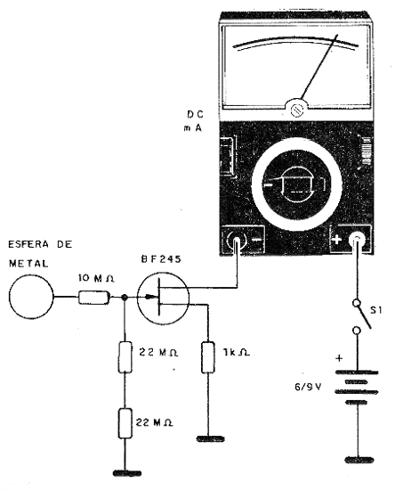 Electroscópio simples con un transistor de efecto de campo.
