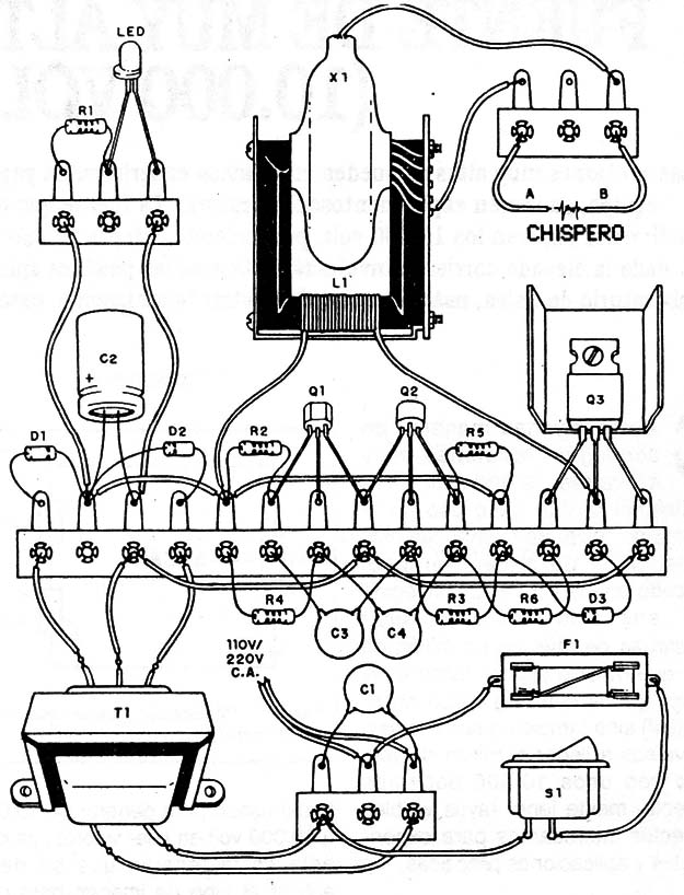 Montaje completo en puente de terminales. Use una base o caja de madera.
