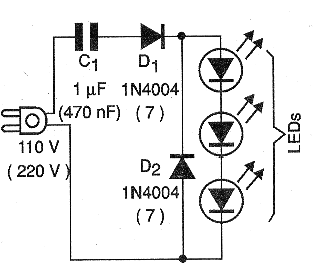 Figura 3 - Circuito de menor consumo donde la reducción de la tensión es hecha por la reactancia capacitiva de un capacitor. Busque en nuestro sitio Fuentes sin Transformador para más información.
Figura 3 - Circuito de menor consumo donde la reducción de la tensión es hecha por la reactancia capacitiva de un capacitor. Busque en nuestro sitio Fuentes sin Transformador para más información.