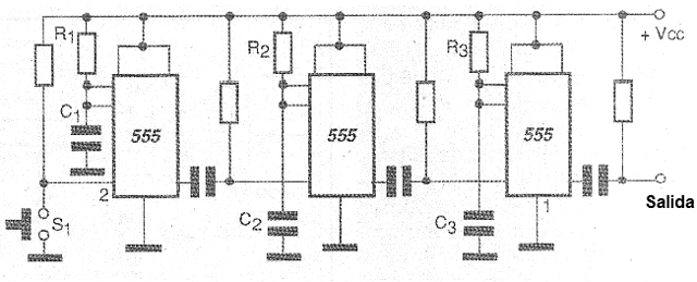 Figura 19 - Circuito de accionamiento secuencial utilizando tres circuitos integrados 555.
Figura 19 - Circuito de accionamiento secuencial utilizando tres circuitos integrados 555.