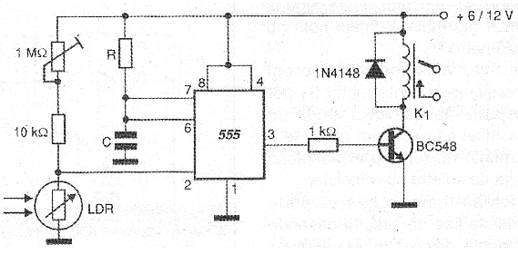 Figura 20 - Sensor fotoeléctrico con el 555. Accionamiento por LDR.
Figura 20 - Sensor fotoeléctrico con el 555. Accionamiento por LDR.