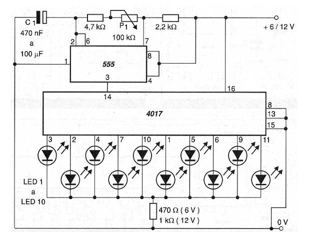 Figura 9 - Secuencial de 10 LEDs. Podemos usar menos LEDs utilizando la técnica de conteo hasta n de la figura 6.
