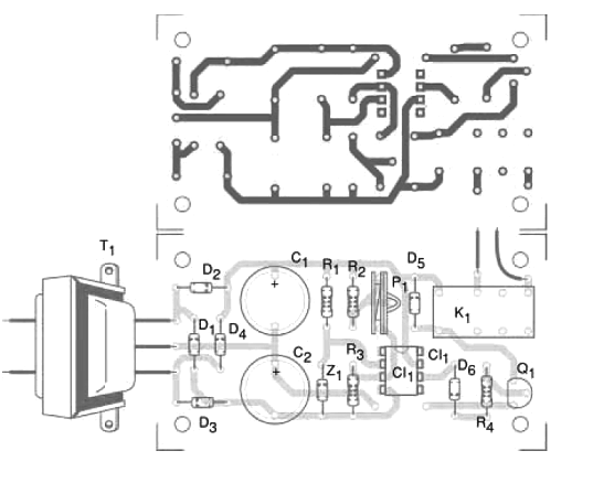 Figura 4 - Placa de circuito impreso para el montaje, utilizando un relé con base DIL. Para otros tipos, el diseño debe cambiar.
Figura 4 - Placa de circuito impreso para el montaje, utilizando un relé con base DIL. Para otros tipos, el diseño debe cambiar.