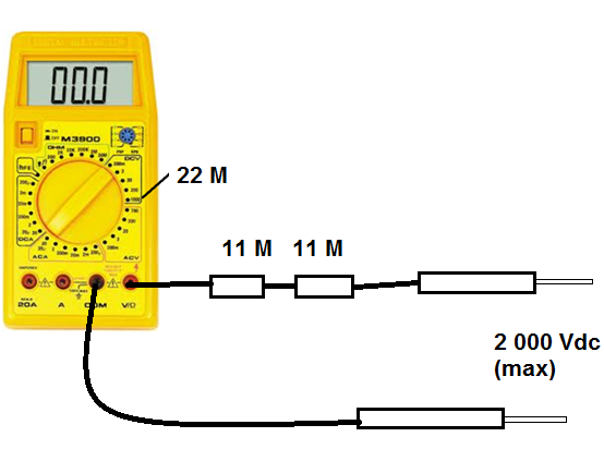 Figura 3 - Multiplicando por 2 la escala de tensión de un multímetro de 22 M con 1 000 V de fondo, para 2 000 V de fondo de escala.
Figura 3 - Multiplicando por 2 la escala de tensión de un multímetro de 22 M con 1 000 V de fondo, para 2 000 V de fondo de escala.