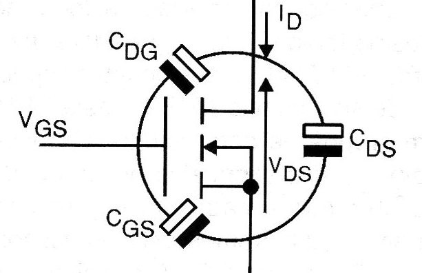 Figura 6a - Capacitancias parásitas del Power FET.
Figura 6a - Capacitancias parásitas del Power FET.