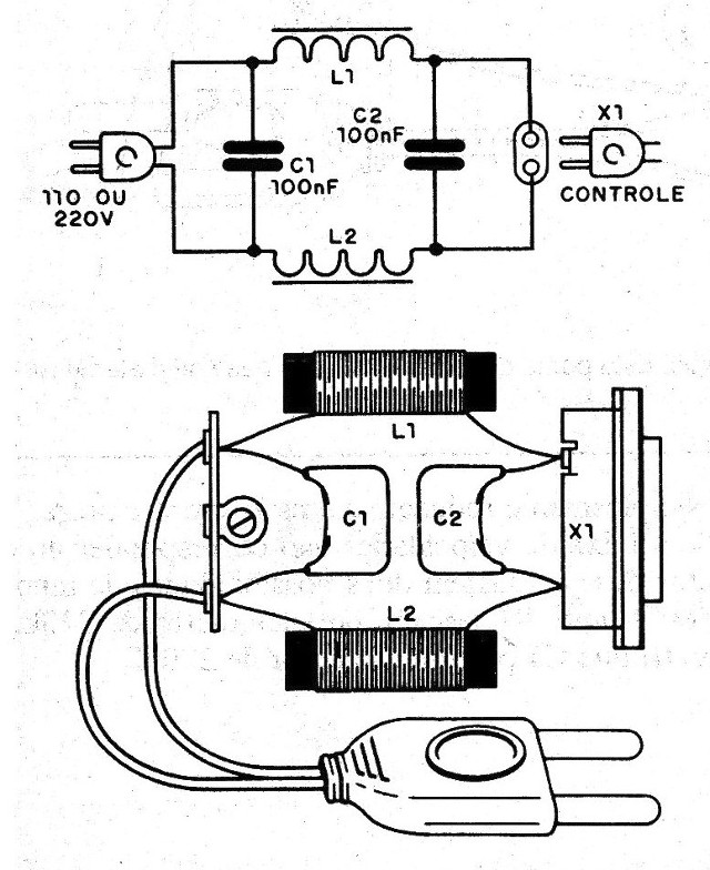    FIGURA 2 - Circuito de filtro contra las interferencias vía red, y su aspecto real. Vea en el texto detalles de construcción de las bobinas L1 y L2.
