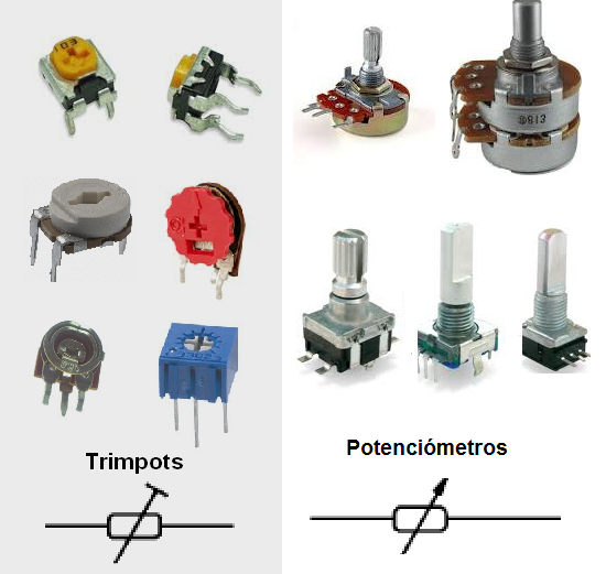 Figura 71 - Trimpots y potenciómetros - aspectos y símbolos
Figura 71 - Trimpots y potenciómetros - aspectos y símbolos