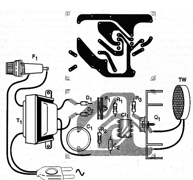 Figura 3 - Placa de circuito impreso para el montaje. El transformador se monta fuera del tablero.
Figura 3 - Placa de circuito impreso para el montaje. El transformador se monta fuera del tablero.