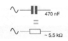 Figura 5 – Un capacitor de 470 nF se comporta como un resistor de 5,5 k ohm en un circuito de corriente alterna de 60 Hz.
Figura 5 – Un capacitor de 470 nF se comporta como un resistor de 5,5 k ohm en un circuito de corriente alterna de 60 Hz.