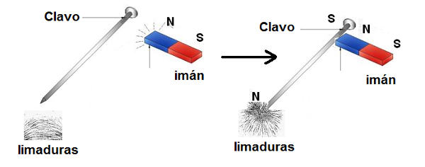 Figura141 – un clavo si magnetiza cuando en contacto con un imán
