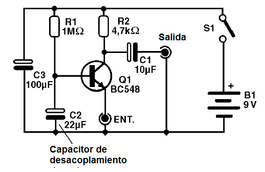 Figura 36 – En este amplificador de base común, el capacitor desacopla la base
Figura 36 – En este amplificador de base común, el capacitor desacopla la base