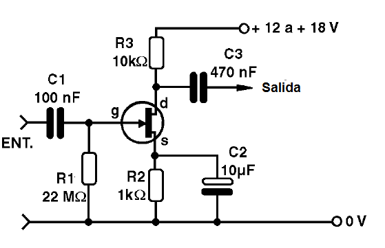 Figura 16 – Preamplificador usando un JFET
Figura 16 – Preamplificador usando un JFET