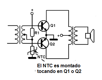 Figura 23 – Etapa de salida estabilizado térmicamente con un NTC
Figura 23 – Etapa de salida estabilizado térmicamente con un NTC