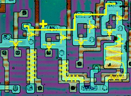 Figura 12 – Un chip de un IC dibujado con los componentes equivalentes enfatizado en amarillo
