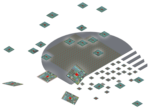 Figura 15 - El wafer se corta soltando los chips de los circuitos integrados - foto Allegro Micro
Figura 15 - El wafer se corta soltando los chips de los circuitos integrados - foto Allegro Micro