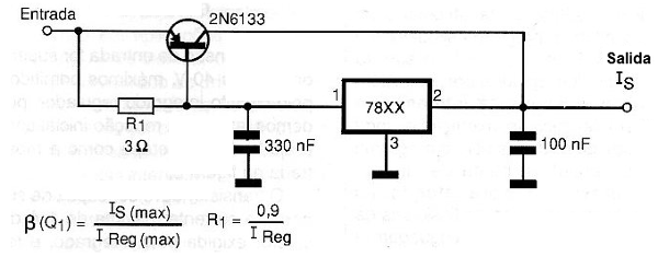 Figura 6 – Aumento de la corriente de salida con un transistor de potencia PNP.  Los tipos como TIP42 se pueden utilizar para la corriente hasta 3 A.

