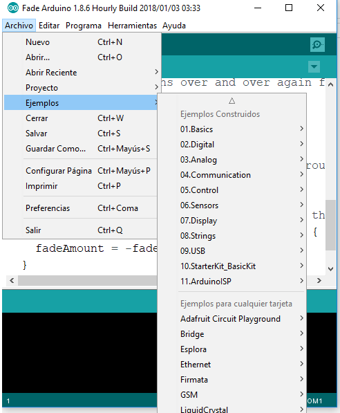 Figura 3. Menu de ejemplos de Arduino Uno
