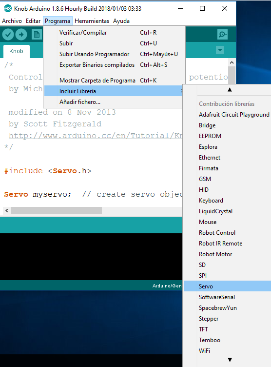 Figura 4. Menú para incluir la librería Servo
