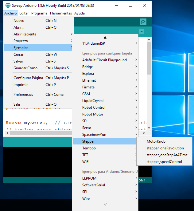 Figura 17. Menu para codigo ejemplo de motores de paso
