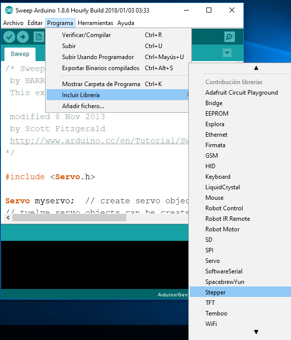 Figura 19. Menu para incluir libreria Stepper
