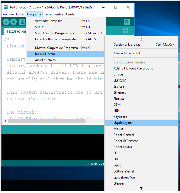 Figura 8. Menu para incluir libreria LiquidCristal
