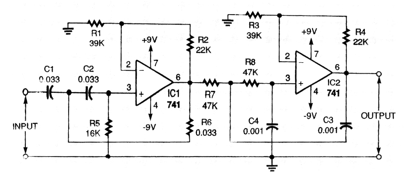Filtro de Voz de 300 Hz a 3,4 kHz con el 741
Filtro de Voz de 300 Hz a 3,4 kHz con el 741