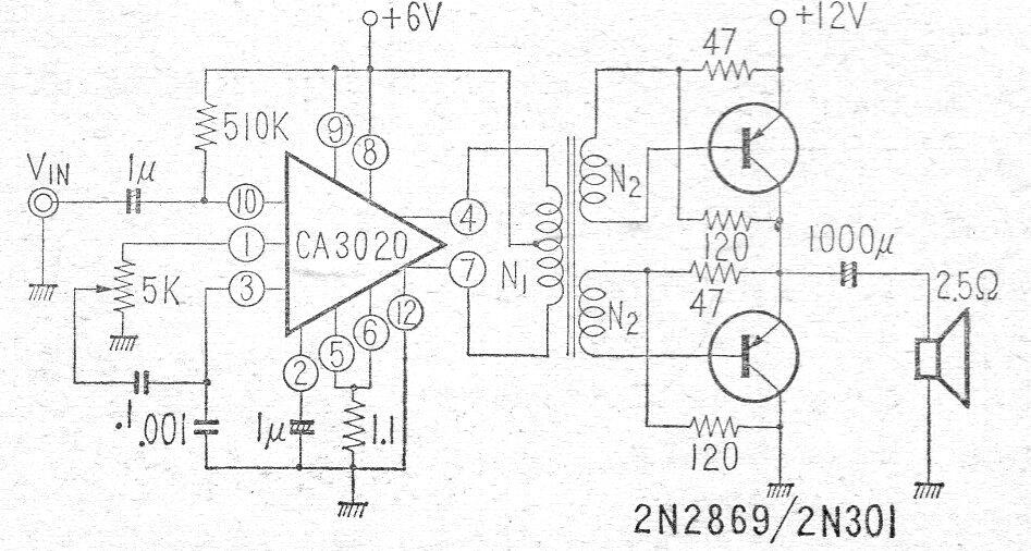 Amplificador de 7W con el CA3020
Amplificador de 7W con el CA3020