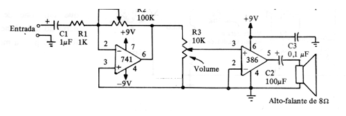 Amplificador LM386 com Preamplificador 741
Amplificador LM386 com Preamplificador 741