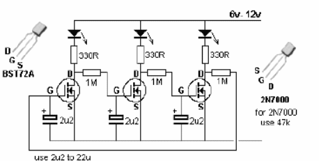 Secuencial de 3 LED con FET
Secuencial de 3 LED con FET