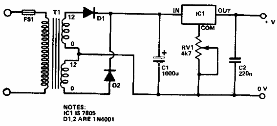 Fuente de alimentación de 5 a 15 V con el 7805
Fuente de alimentación de 5 a 15 V con el 7805