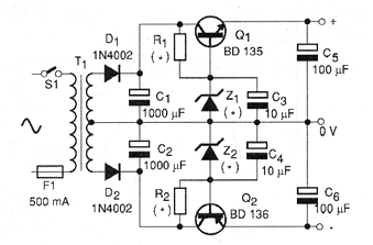 Fuente simétrica con transistores 
