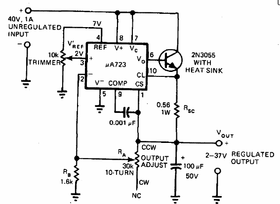 Regulador de 2 a 37 V con el 723
Regulador de 2 a 37 V con el 723