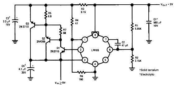 Regulador 5 V x 10 A con LM105
Regulador 5 V x 10 A con LM105