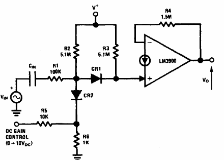 Amplificador DC LM3900 con control de ganancia
Amplificador DC LM3900 con control de ganancia