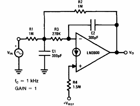 Filtro pasa baja de 1 kHz con el LM3900
Filtro pasa baja de 1 kHz con el LM3900
