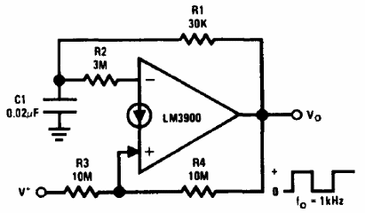 Generador rectangular de 1 kHz con el LM3900
Generador rectangular de 1 kHz con el LM3900