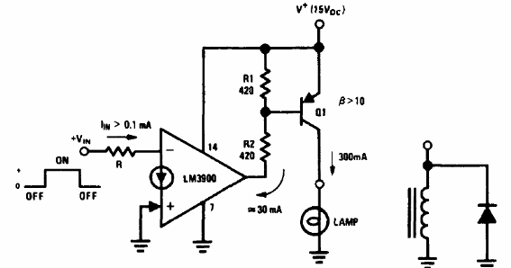 Drive de cargas hasta 300 mA LM3900
Drive de cargas hasta 300 mA LM3900