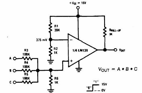 Puerta AND de 3 entradas con LM139
Puerta AND de 3 entradas con LM139
