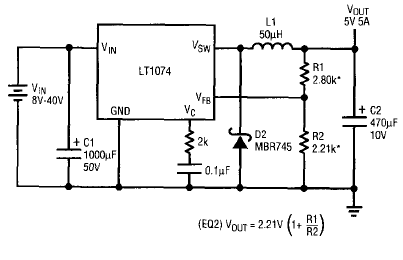 Regulador de conmutación 5 V x 5 A LT1074
Regulador de conmutación 5 V x 5 A LT1074