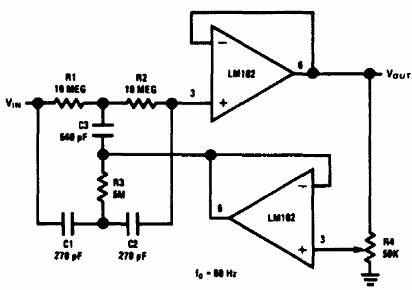 Filtro de rechazo de 50 Hz con Q ajustable
Filtro de rechazo de 50 Hz con Q ajustable