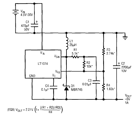Convertidor de tensión positivo a negativo LT1074
Convertidor de tensión positivo a negativo LT1074