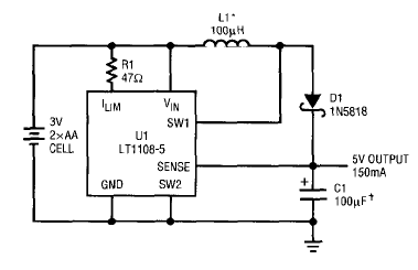 Convertidor de 3 a 5 V con 150 mA LT1106
Convertidor de 3 a 5 V con 150 mA LT1106